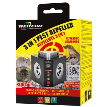 Weitech ultrahangos beltéri rágcsáló riasztó 300m2, 3 in 1, (egér, nyest, pele), 6 db/karton