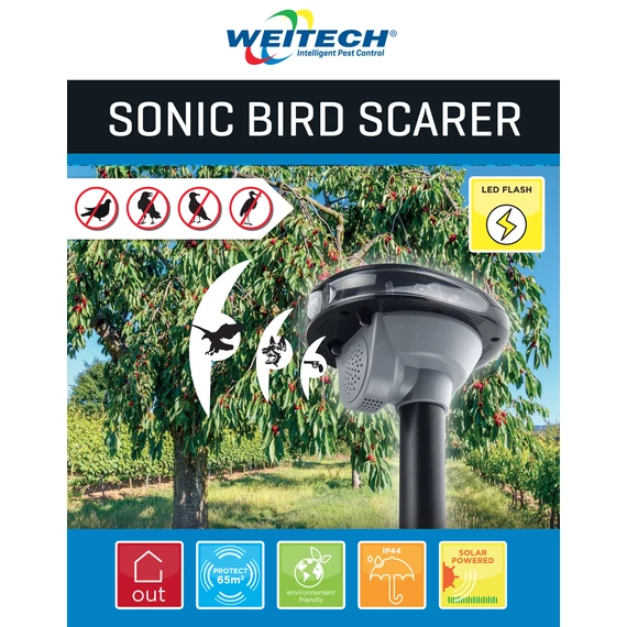 Weitech ultrahangos madárriasztó/solar/65 m2 területre/3 db 1,5V AA elem tartozék 6 db/karton