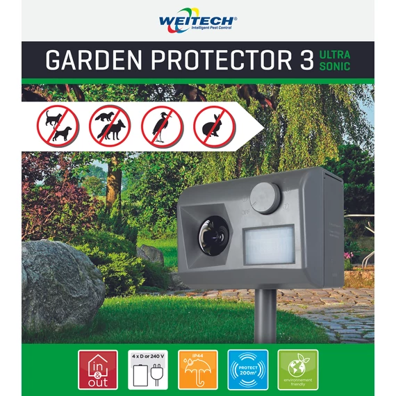 Weitech Ultrahangos kutya-macska riasztó 200m2/(kutya, macska, róka, nyest, nyúl, gém) 6 db/karton 