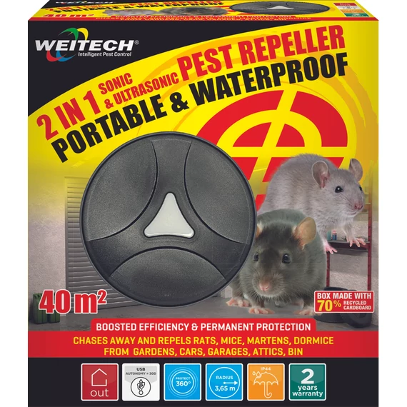 Weitech Ultrahangos kisállatriasztó, 40 m2/egér, patkány, kutya, macska, nyest, róka 6 db/karton