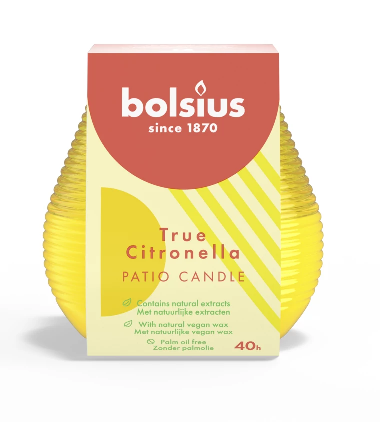 Bolsius citronellás gyertya dekor üvegben, 94mm, 40 órás (6 db/karton)