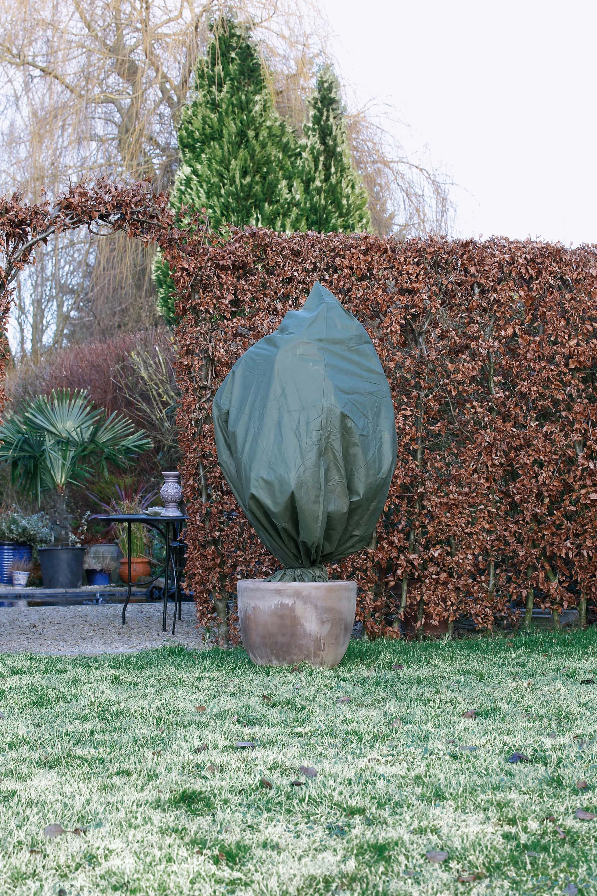Téli takarófólia zsinórral, zöld átm. D:0,75m, 150cmx118cm, 50g/m2 2db-os szett/ fátyolfólia