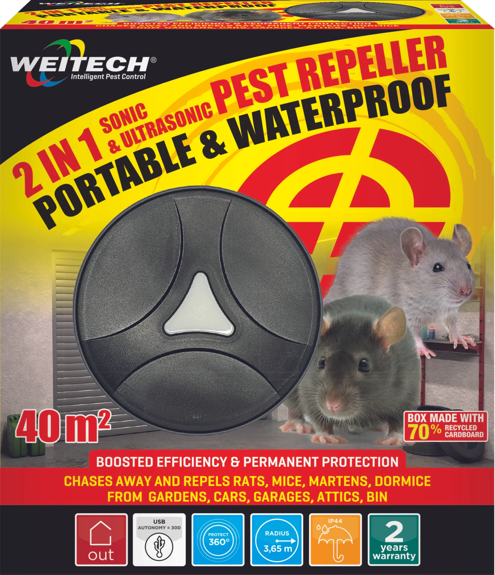Weitech Ultrahangos kisállatriasztó, 40 m2/egér, patkány, kutya, macska, nyest, róka 6 db/karton